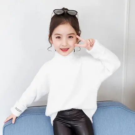 Female Kids Mink Velvet Turtleneck Woolen Sweater Fall Winter New Girls Knitted Pullovers Children's Warm Knitwear ClothesP247