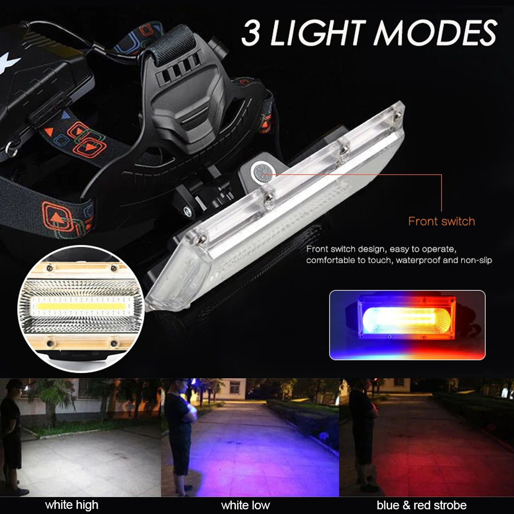 11000LM Floodlight COB Headlamp  Powerful Rechargeable 3Modes Waterproof Head Torch 18650 Battery Frontal Light Fishing Camping