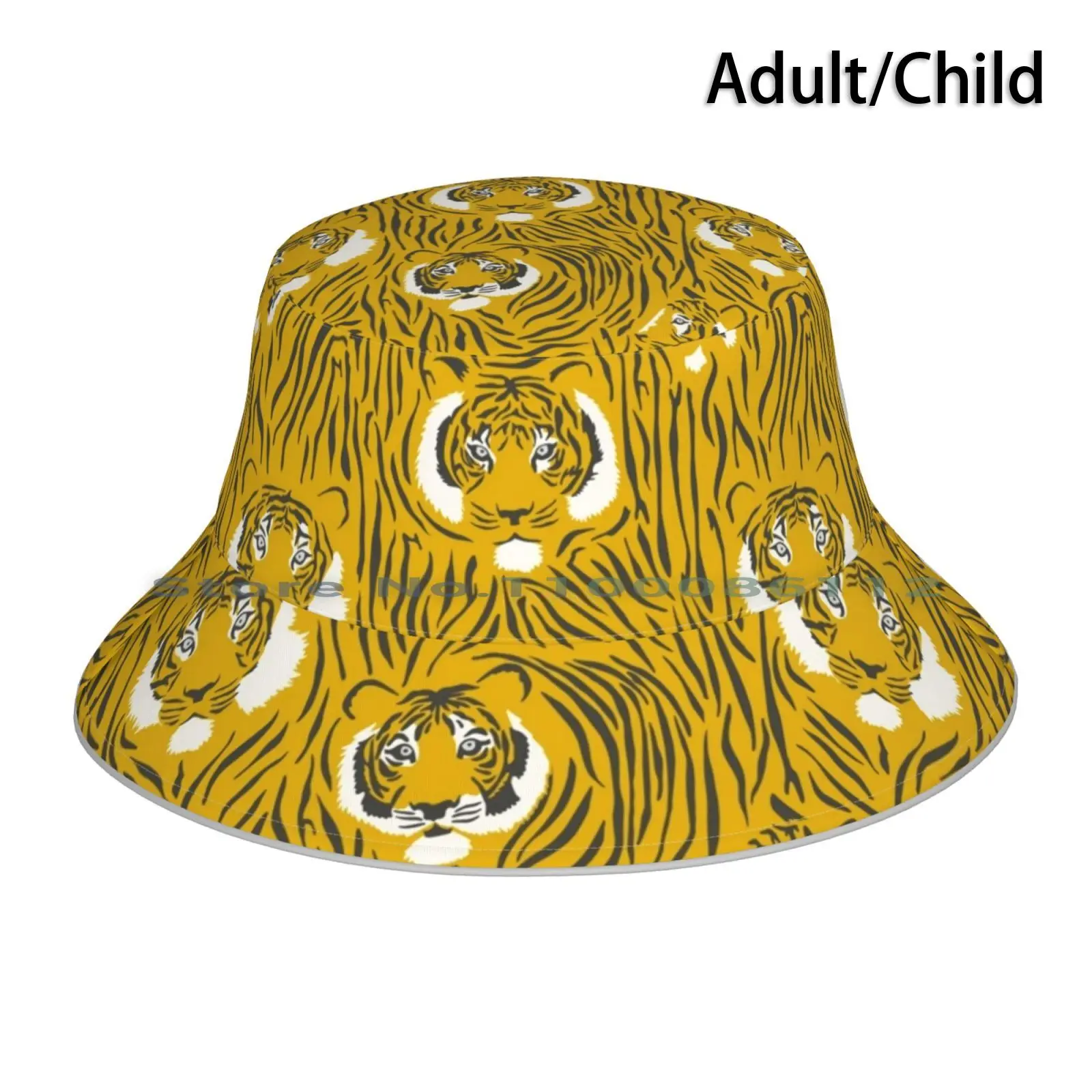 Tigers On Yellow Bucket Hat Sun Cap Tiger Yellow Animal Wild Fierce Feline Big Cat Rawr Meow Stripes Goldenrod Pattern Lathe