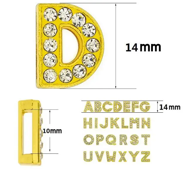 

26PC/lot 10MM A - Z Rhinestones Gold Color Slide Letter English Alphabet Fit For Pet Collar Keychains Bracelet