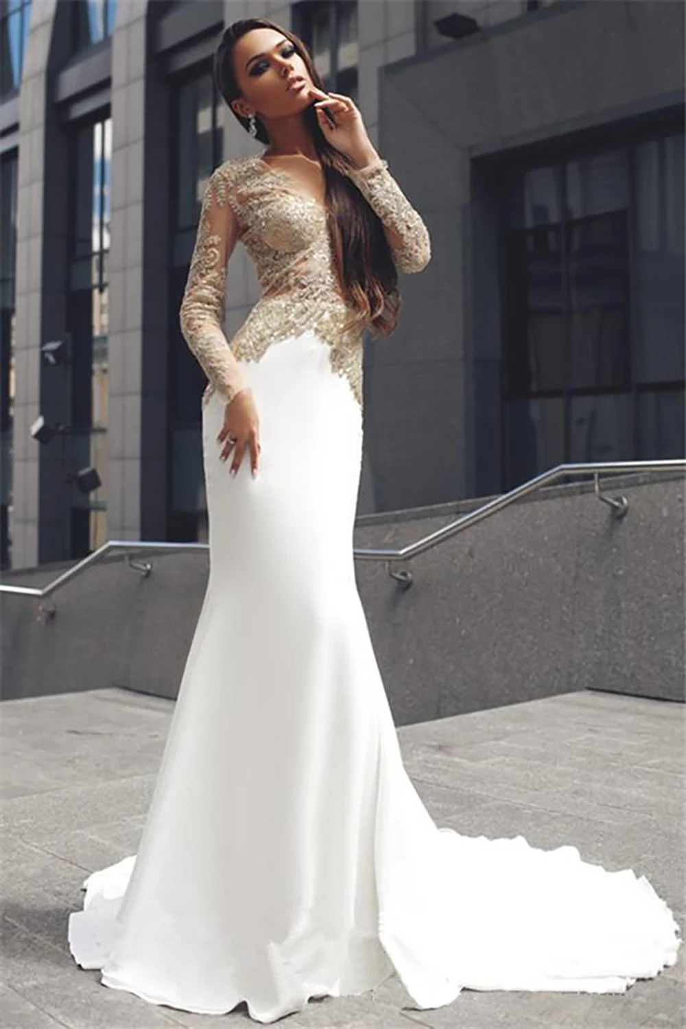 

V-Neck Trumpet Illusion Mermaid Formal Dresses Long Sleeve Elastic Applique Satin Prom Party Gown