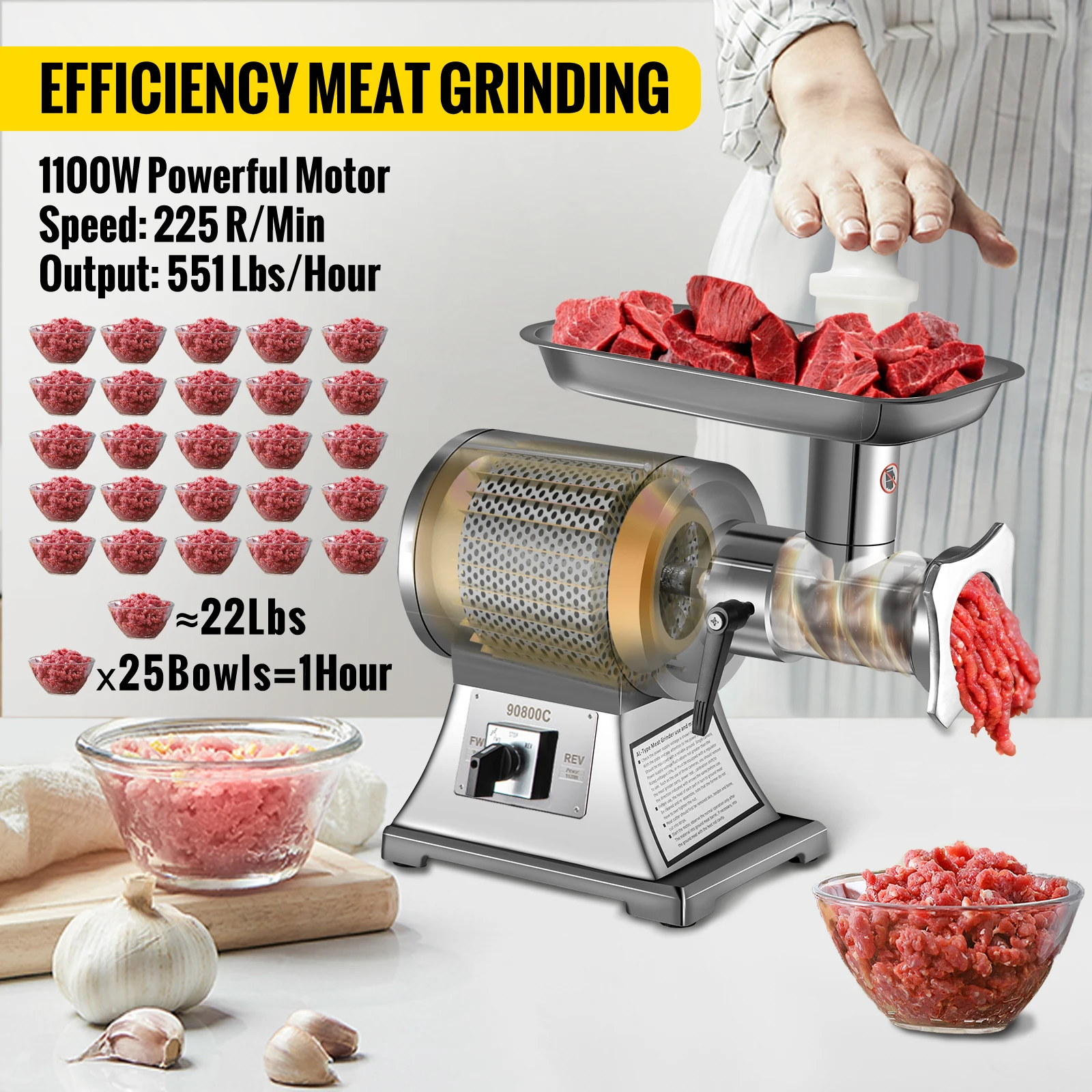Vevor 250 kg/h máquina moedor de carne elétrica 1100w comercial portátil aço inoxidável chopper processadores alimentos eletrodomésticos