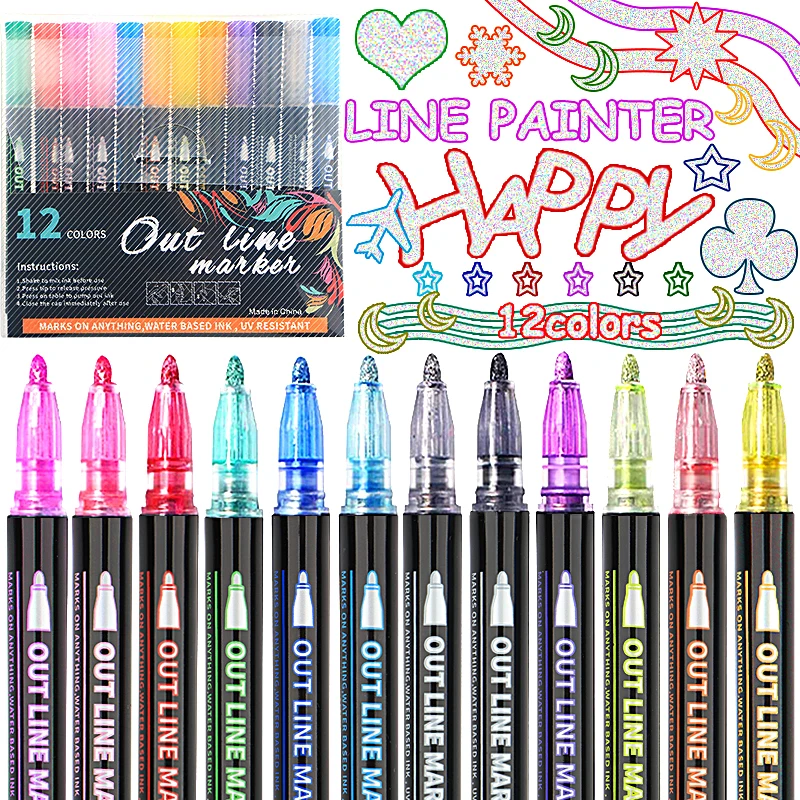 12 Color/Set Metallic Color Marker Pens Glitter Outline Pens Drawing DIY Photo Album Scrapbooking Making Card Art Supplie