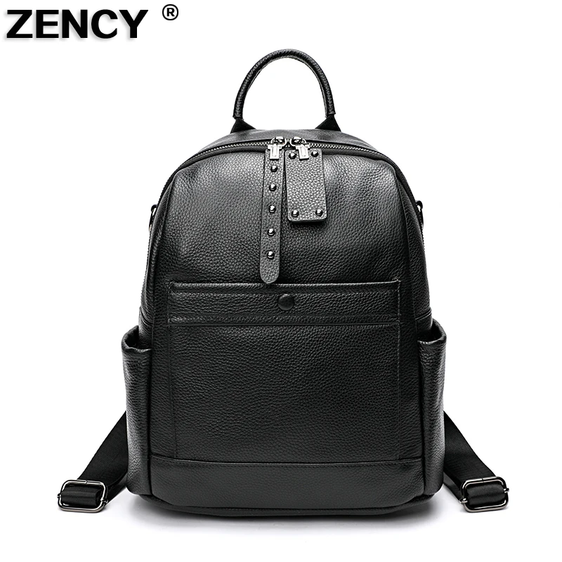 ZENCY 2024 NEW Fashion 100% Genuine Cow Leather Black Hardware Women Backpack Lady Real Top Cowhide Book Bag Style Knapsack