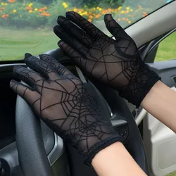 Guantes de encaje cortos con protección solar para mujer, manoplas de dedo completo, Sexy, a la moda, con patrón de telaraña, Anti-UV, color negro, C10