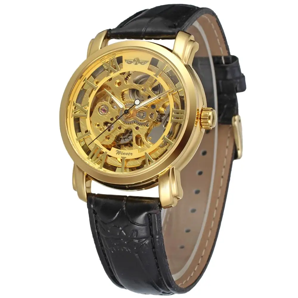 WINNER Fashion casual men's and women's watches gold hollow design dial watch automatic mechanical wrist watches