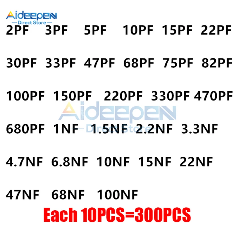 세라믹 커패시터 세트, 50V, 2PF-100NF, 30 값 * 10 개, 3PF, 5PF, 47PF, 68PF, 100PF, 1NF, 1.5NF, 2.2NF, 47NF, 68NF, 로트당 300 개