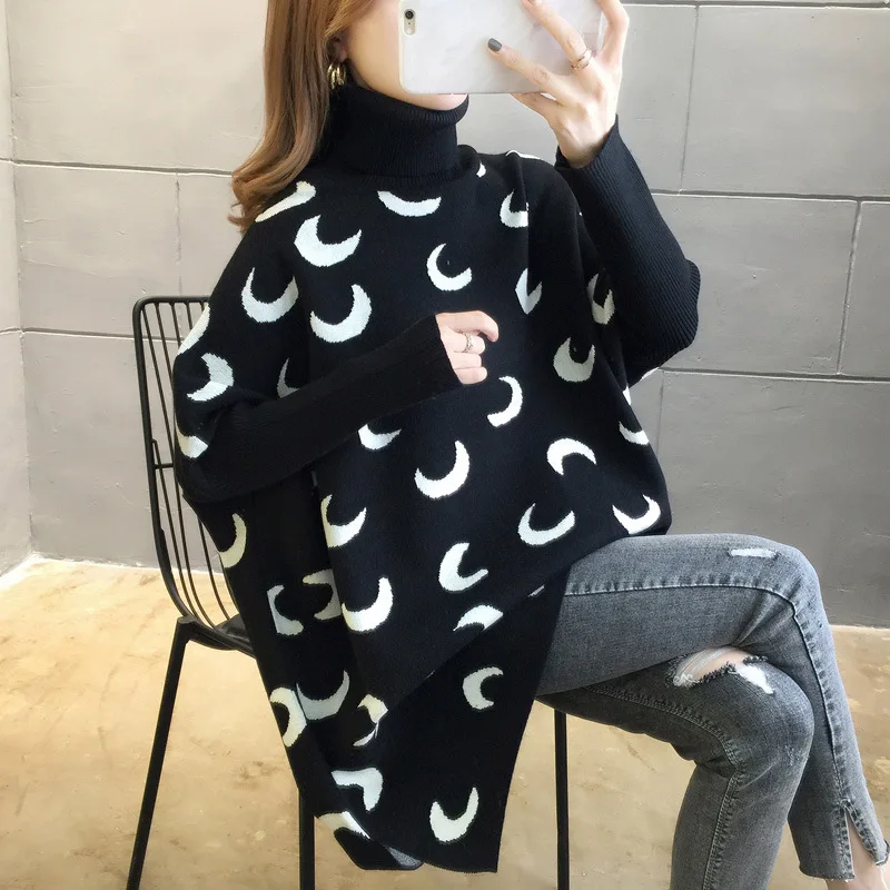 Moon Pattern Colorblock Sweater Femal Bat Sleeve High Collar Loose Large Size Side Slit Mid-length Pullover Jumpers Women Spring