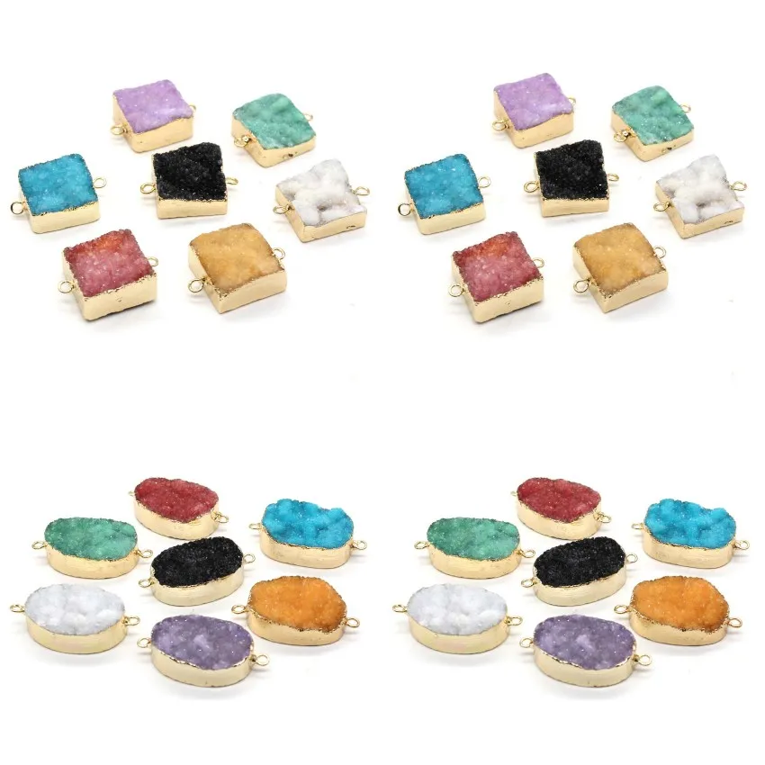 Healing Crystal Druzy Agate Stone Oval Pendants For Necklace Bracelet Earring DIY Natural Agates Crystal Double Loop Connector