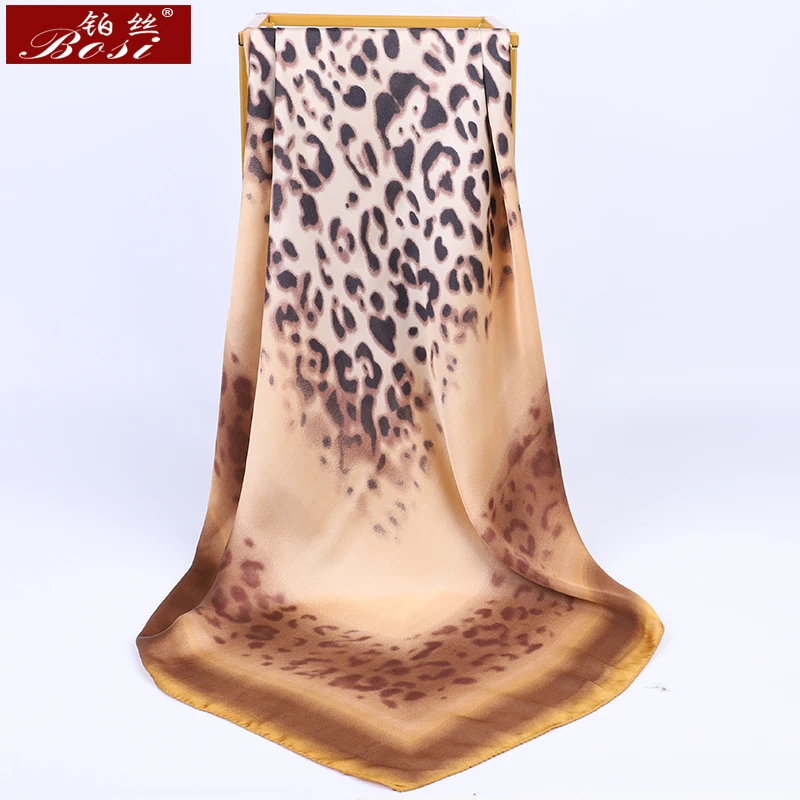 BOSI 2020 New Design Square Silk Scarf 90*90cm Women Luxury Brand Leopard print brown Big Bandana Hijab Satin Scarves Shawl