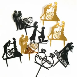 Bride & Groom Cake Topper Acrylic Cupcake Topper Wedding & Engagement Decorations Mariage Anniversary Party Cake Top Flag Decor