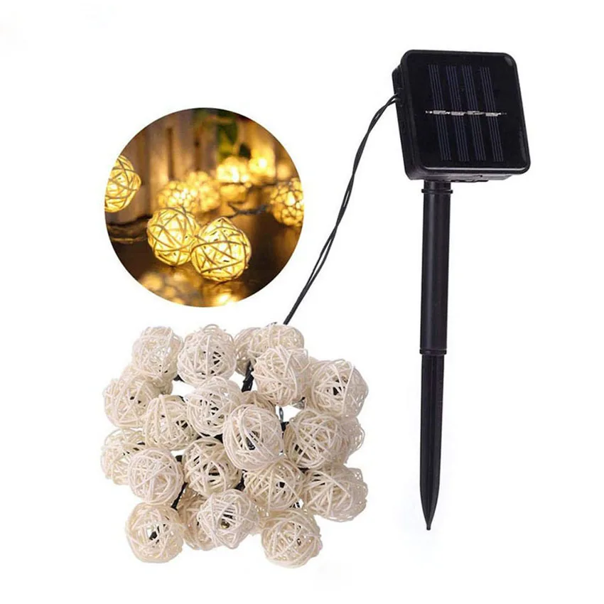 Solar Powered 20/30/50 LED Rattan Ball String Lights Outdoor Christmas Holiday Patio Garland Wedding Party Decoration Lights