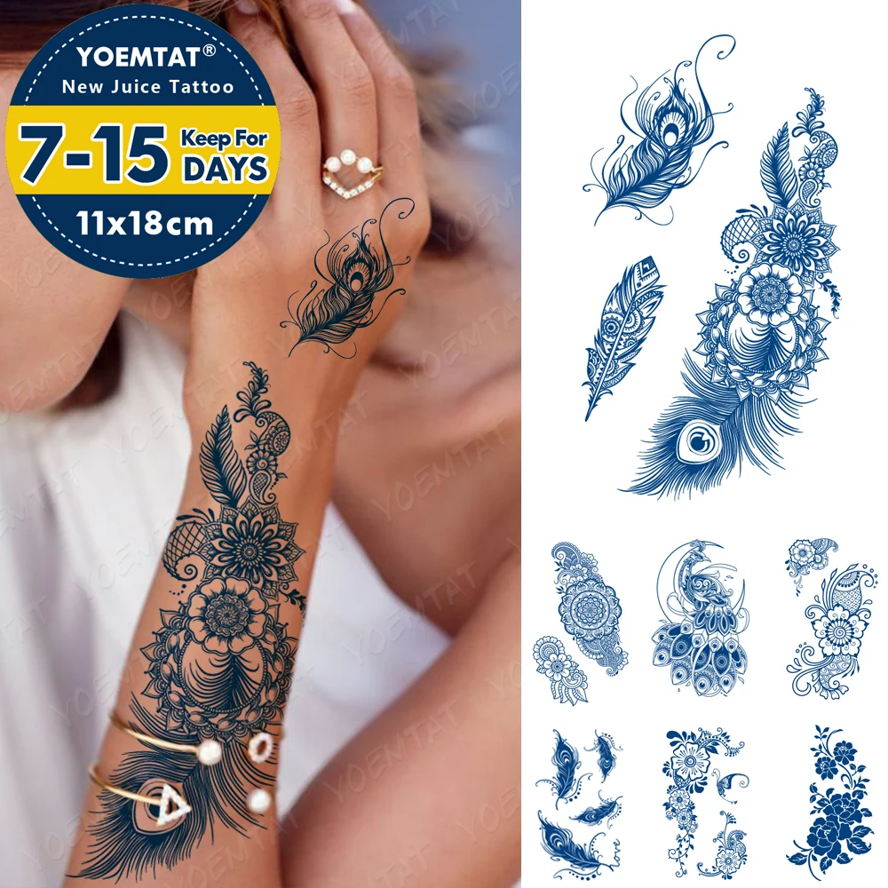 

Juice Lasting Ink Tattoos Body Art Waterproof Temporary Tattoo Sticker Peacock Moon Feather Tatoo Arm Fake Henna Mehndi Tatto