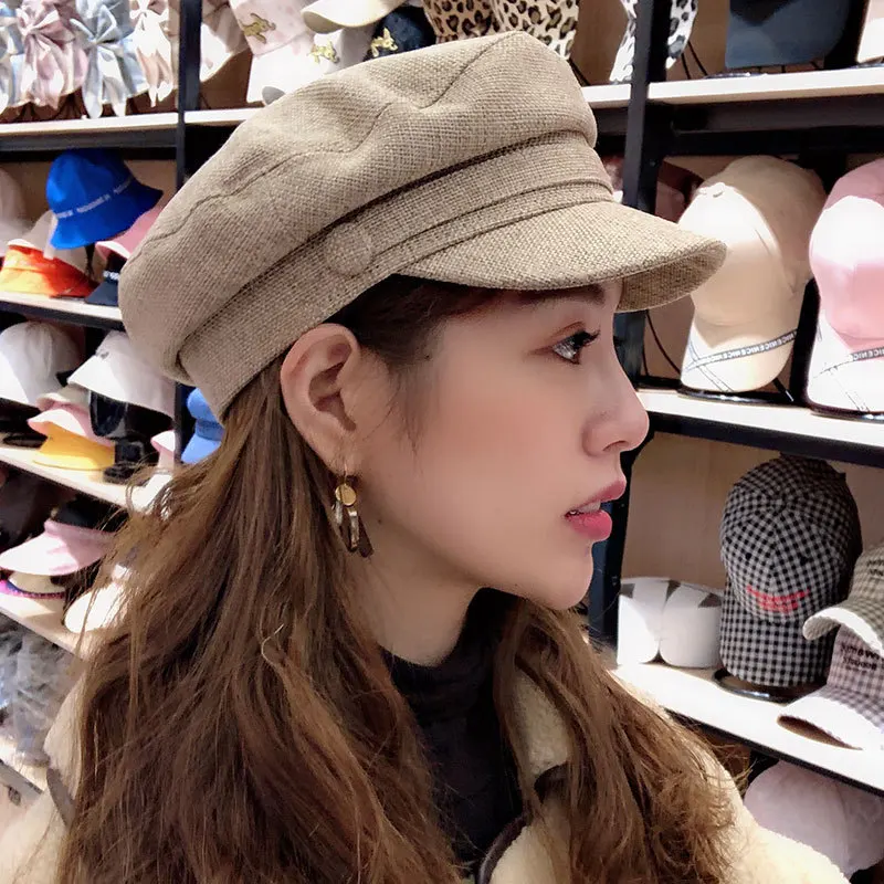 

H7487 Autumn Summer Beret Cap Women's Korean Pure Color Flat Top Hat Female Cotton Hemp Navy Outdoor Leisure Fashionable Caps