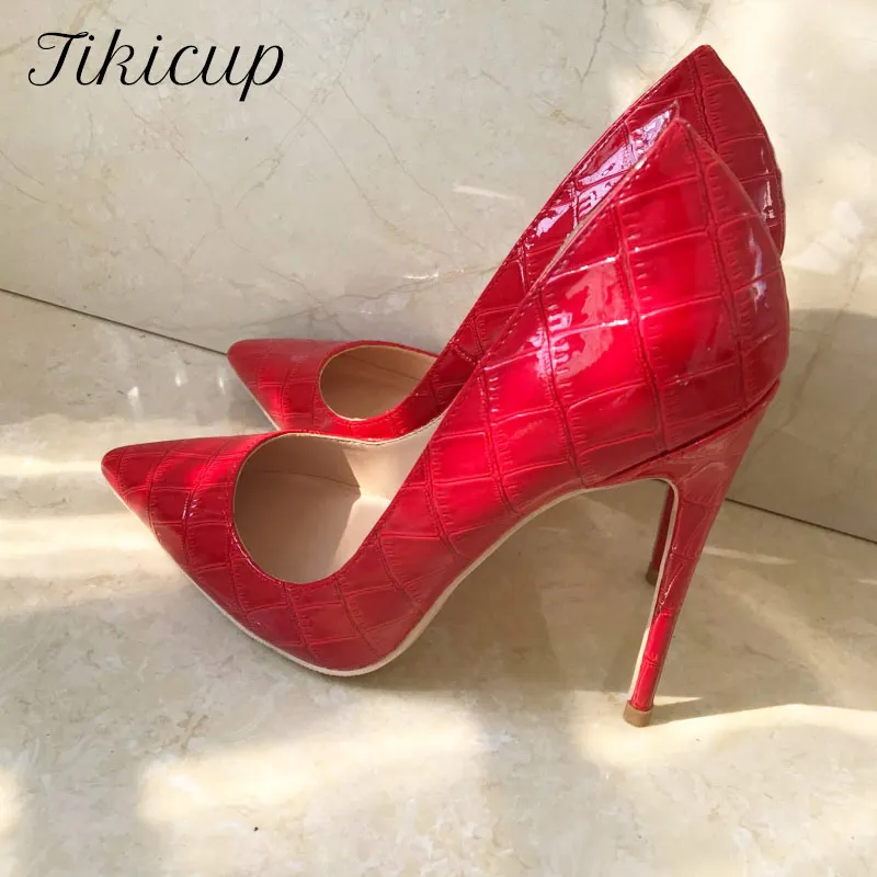 Tikicup Red Crocodile-Effect Embossed Pattern Women Sexy Stiletto High Heels Shallow Cut Pointed Toe Slip On Pumps Party Shoes