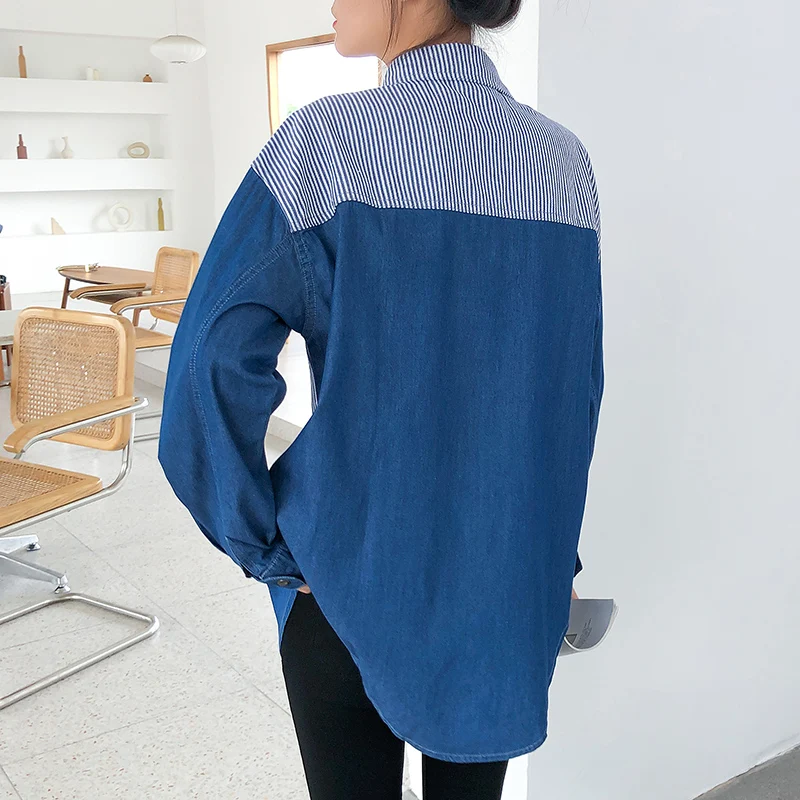 Autumn Loose Long Denim Shirt Woman Casual Outwear Patchwork Striped Ladies Tops Long Sleeve Button Up Shirts Women Jean Blouses