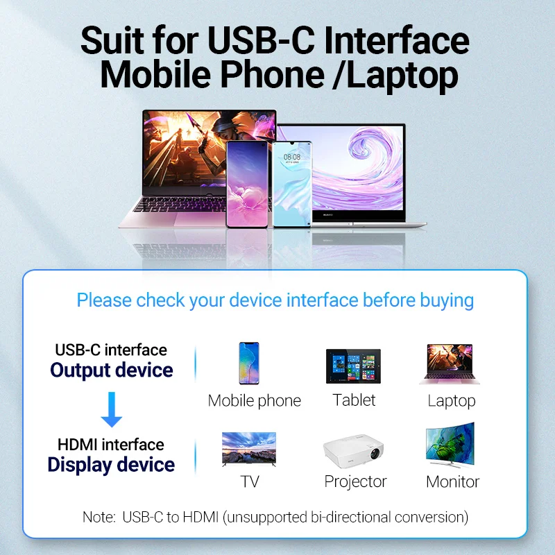 Vention USB C HDMI 케이블 C타입-HDMI 썬더볼트 3 어댑터, 맥북 삼성 갤럭시 S10/S9 화웨이 메이트 20 P20Pro USB-C HDMI