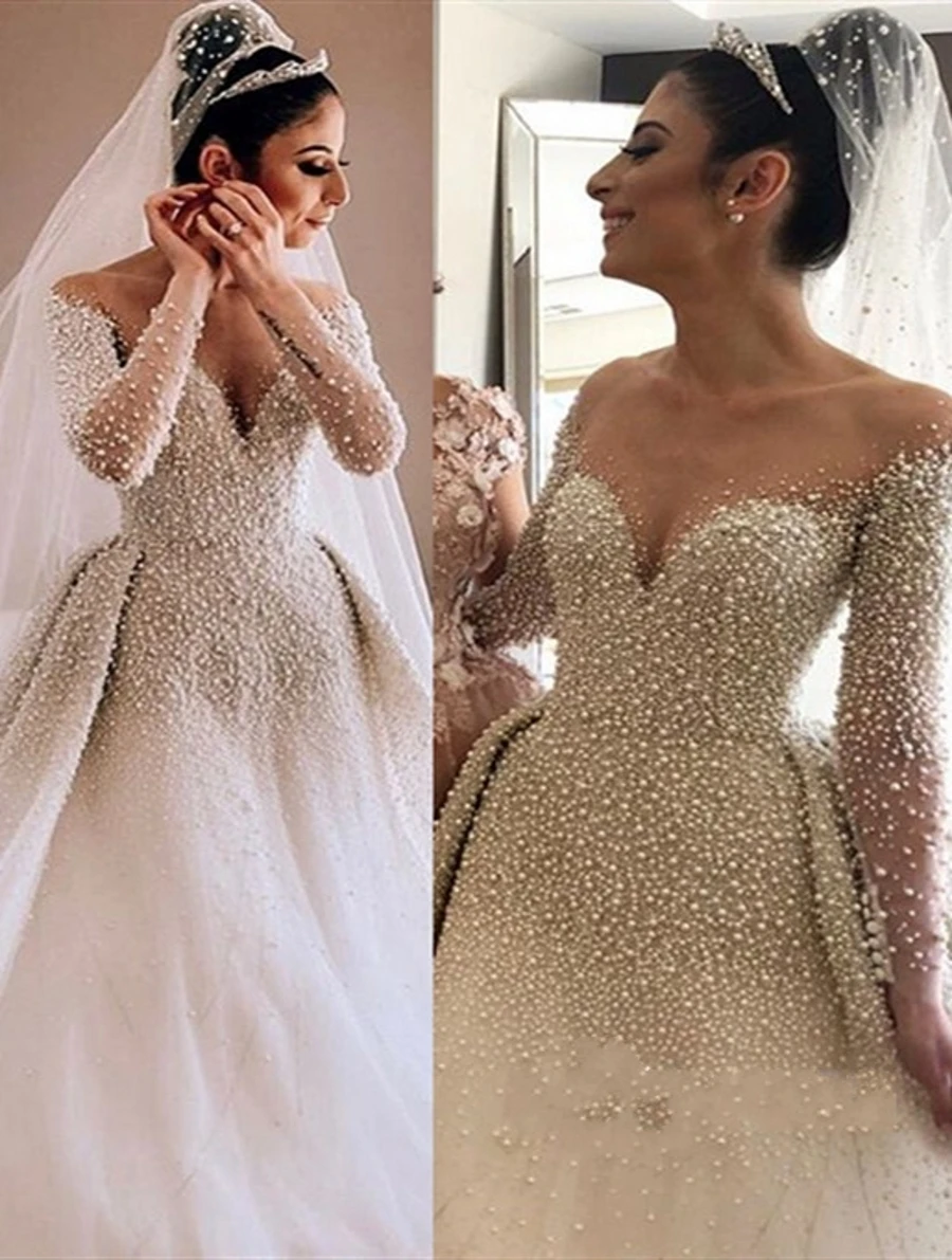 Robe De mariée élégante à manches longues, effet d'illusion De perles, col en v, nouvelle collection 2023