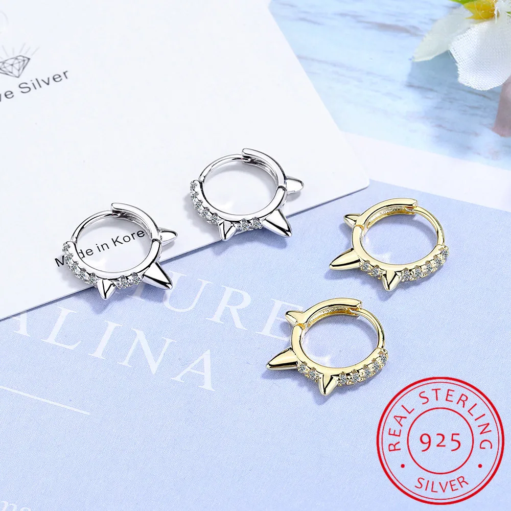 

100% 925 Sterling Silver Punk Cool light Rivet Small Open Hoop Earrings Cubic Zirconia Spike Earring For Women Jewelry