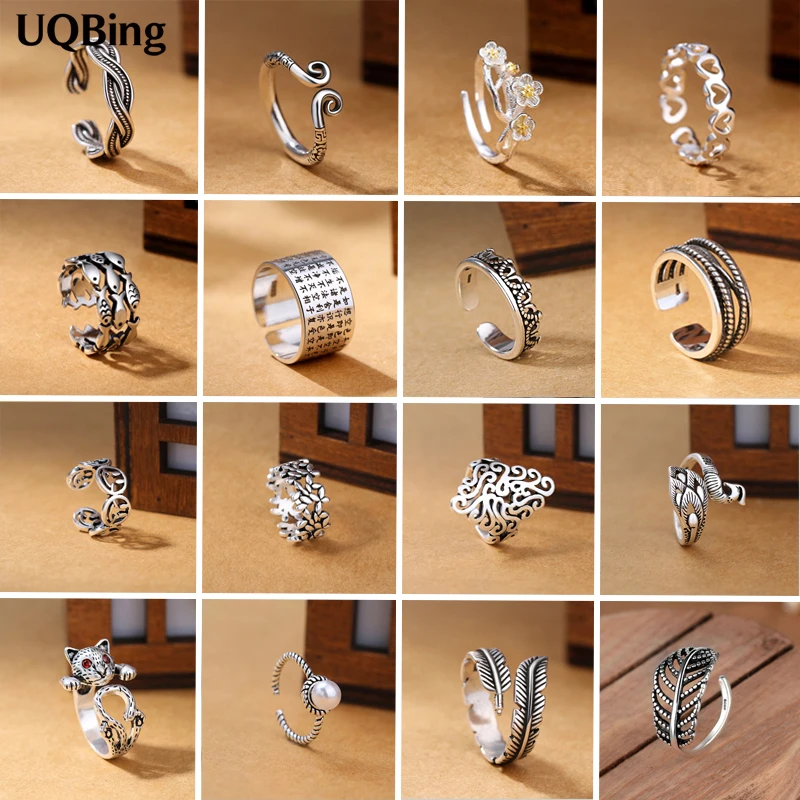

Wholesale Vintage Silver Color Flower Fish Heart Crown Cat Leaves Open 925 Stamp Rings For Women Jewelry