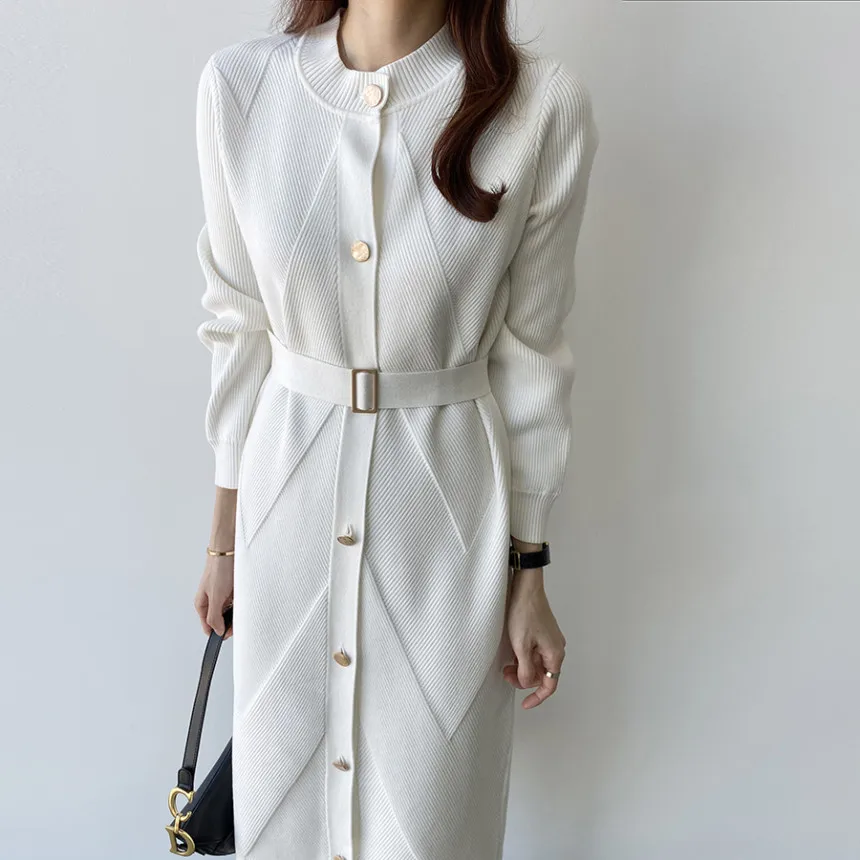 

Croysier Autumn Winter Women Crew Neck Long Sleeve Button Up Cardigan Sweater Dress With Belt Office Elegant Knitted Midi Dress