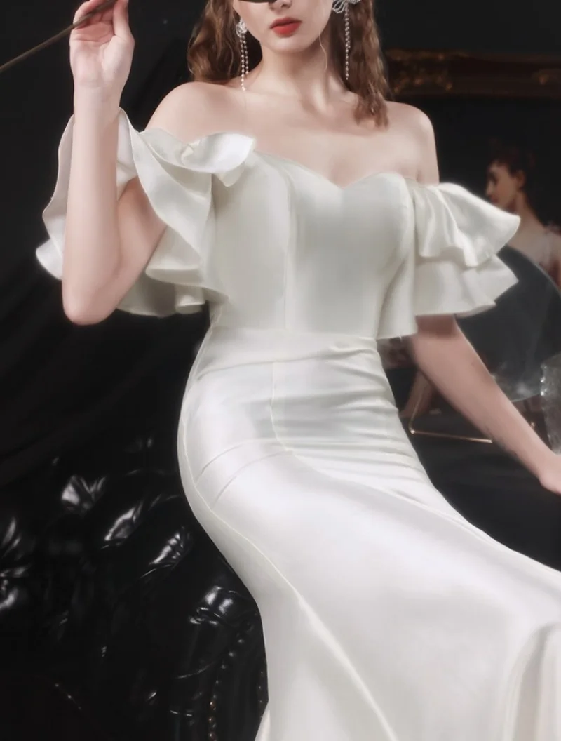 Robe de Mariée en Satin Élégante et Simple, Tenue Vintage à Manches Courtes et Traîne