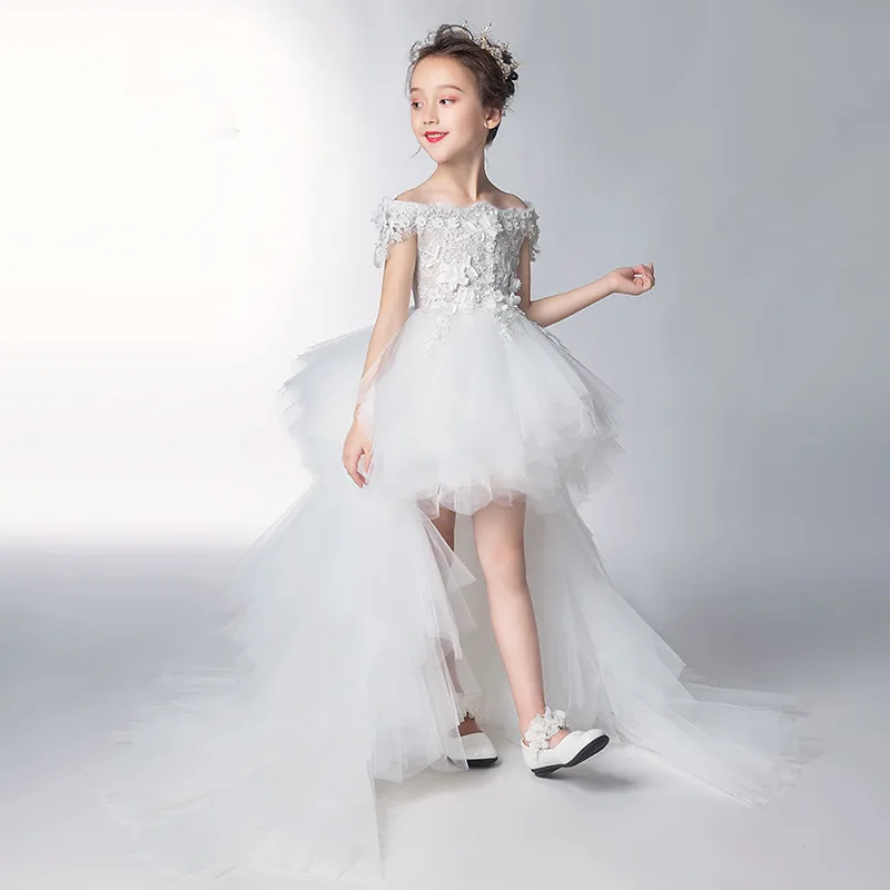 Long Traling Girl Dress Baptismal Dress Beads Petal Elegant Flower Girl Wedding Dress Princess Kids Girl Party Birthday Costume