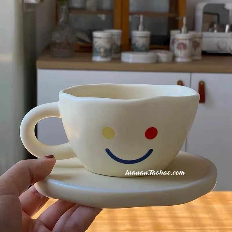 

Matte Rough Pottery Irregular Color Smiley Face Milk Mug Coffee Cup Saucer