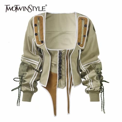 TWOTWINSTYLE Casual Patchwork Hit Color Irregular Jacket Women Square Collar Lantern Long Sleeve Lace Up Female Coats 2022