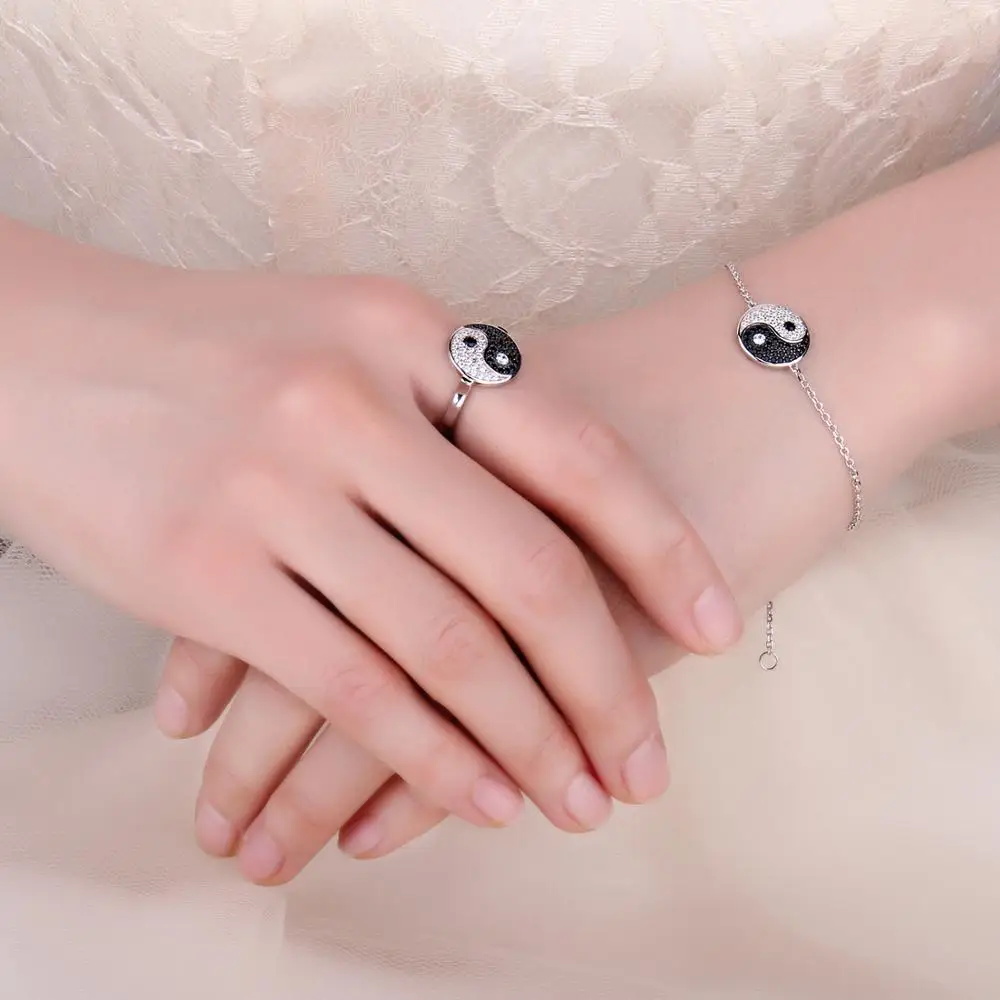 JewelryPalace Tai Chi Yin Yang 925 Sterling Silver Chain Link Bracelets for Women Natural Black Spinel Round Gemstone Bracelet