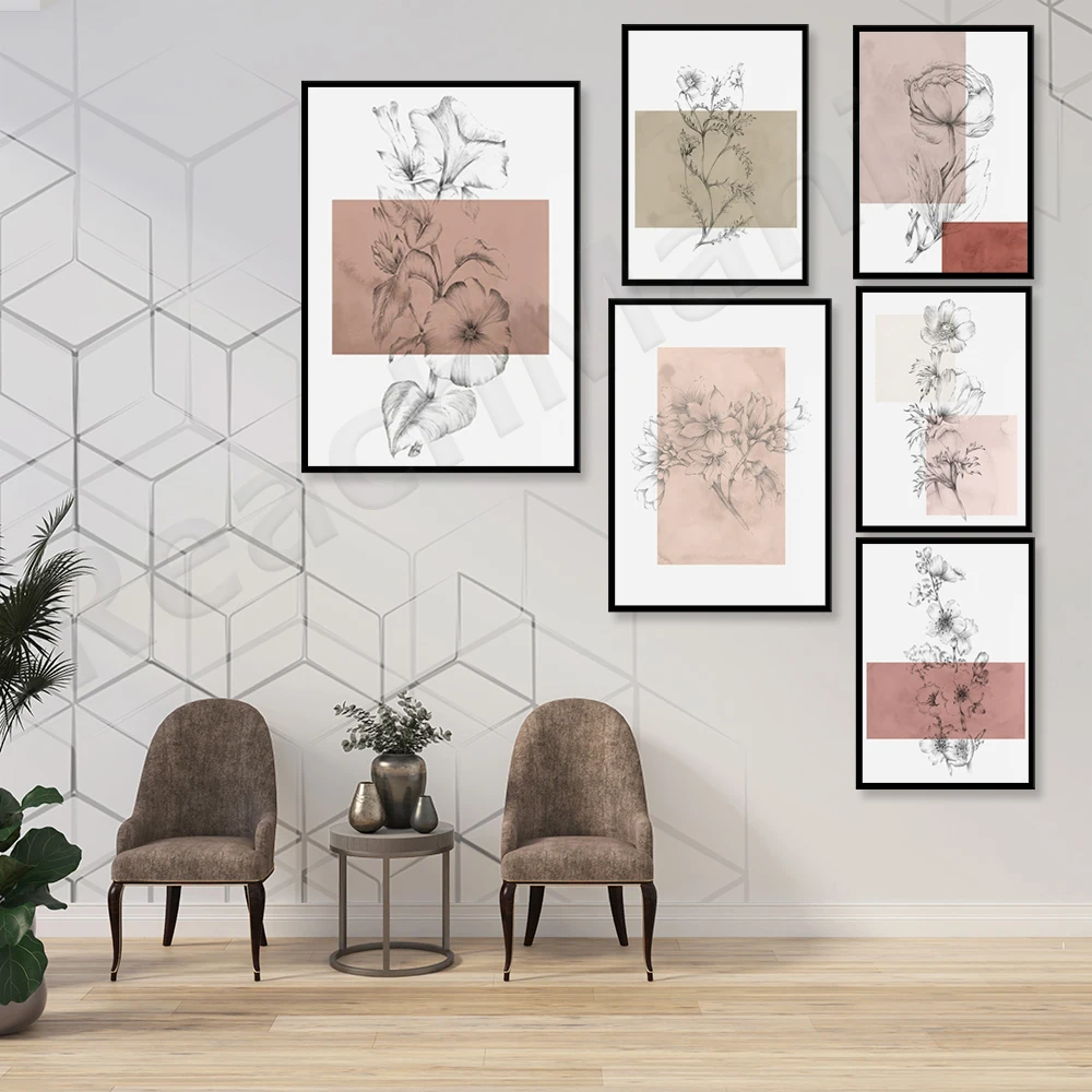 Gallery wall 6 pieces of plant art prints | plant prints | blush rose design | plant art flower prints painting posters
