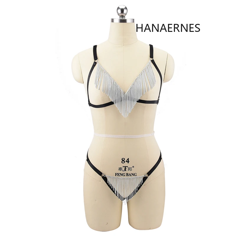 Hanaernes Gothic Ketting Kwast Lichaam Sling Punk Pole Dance Sling Beha Orgie Been Kousenband Bondage Sexy Lingerie Sex Kooi Set