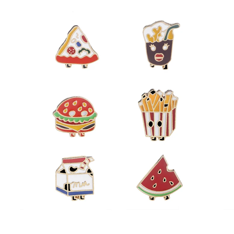 Burger Fast Food Tie Pin Hamburger Enamel Pin milk cake Pizza Badge Fries Lapel Pin Badge Chocolate Drink Watermelon broches kid