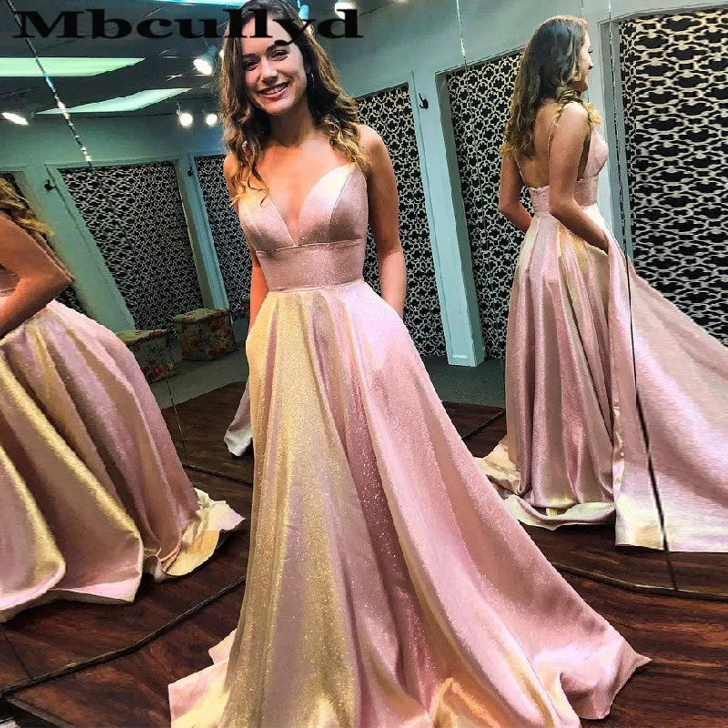 

Mbcullyd Luxury Sequined Prom Dresses 2023 Long Sexy Spaghetti Strap Evening Dress For Women With Pocket Elegant robe de soiree