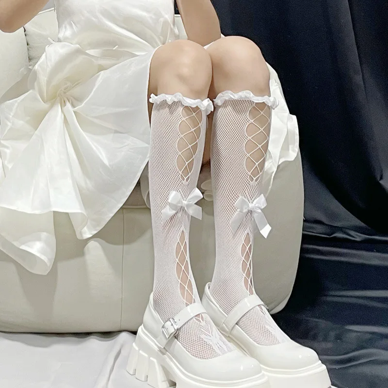 Ins Hot Socks Japanese Kawaii Sweet Girl Bowknot Hollow Hole Net Stockings Harajuku Student Cute Calf Long Socks Women Lolita