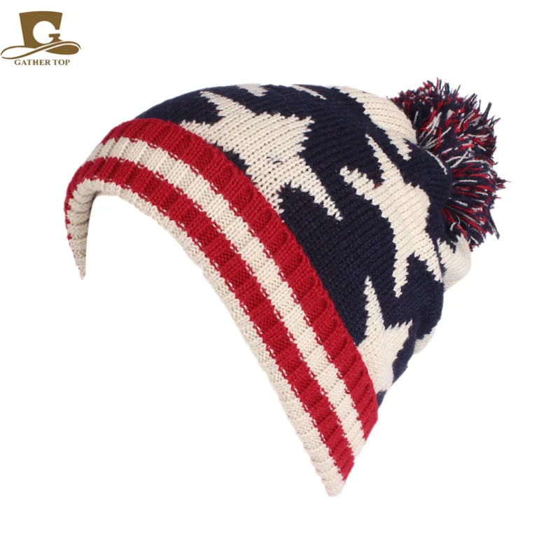 Winter Fur Ball British Flag Knitted Wool Cap TRUMP USA Flag Hat Ear Warmer Cap Crochet Knit Cap Skullies Beanies Warm Caps UK