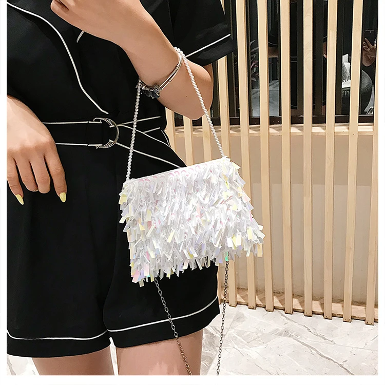 Silver Sequin Rhinestone Tassel Women Small Crossbody Bags Handmade Beaded Ladies Party Evening Clutch Purse Fashion Handbags