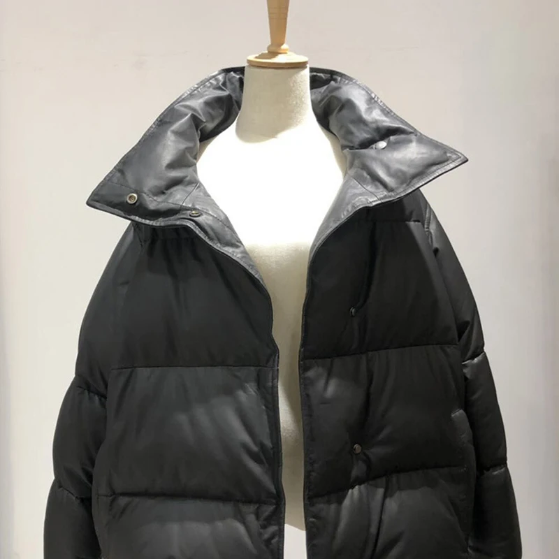 Zwart Echt Leer Donsjack Winter Vrouwen Zachte Schapenvacht 90 Witte Eendendons Jas Winter Halflange Stand Kraag Veste femme