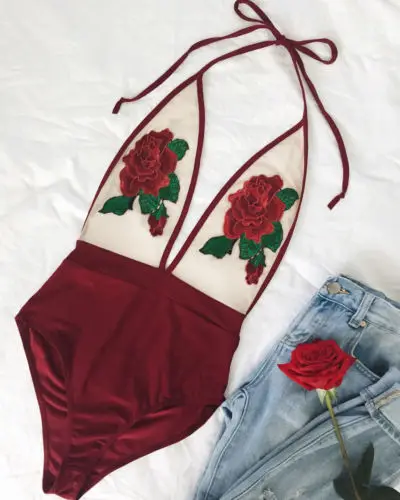 Maiô sexy de uma peça, bordado floral, malha, atadura, beachwear, push up, monokini, biquíni, para as mulheres