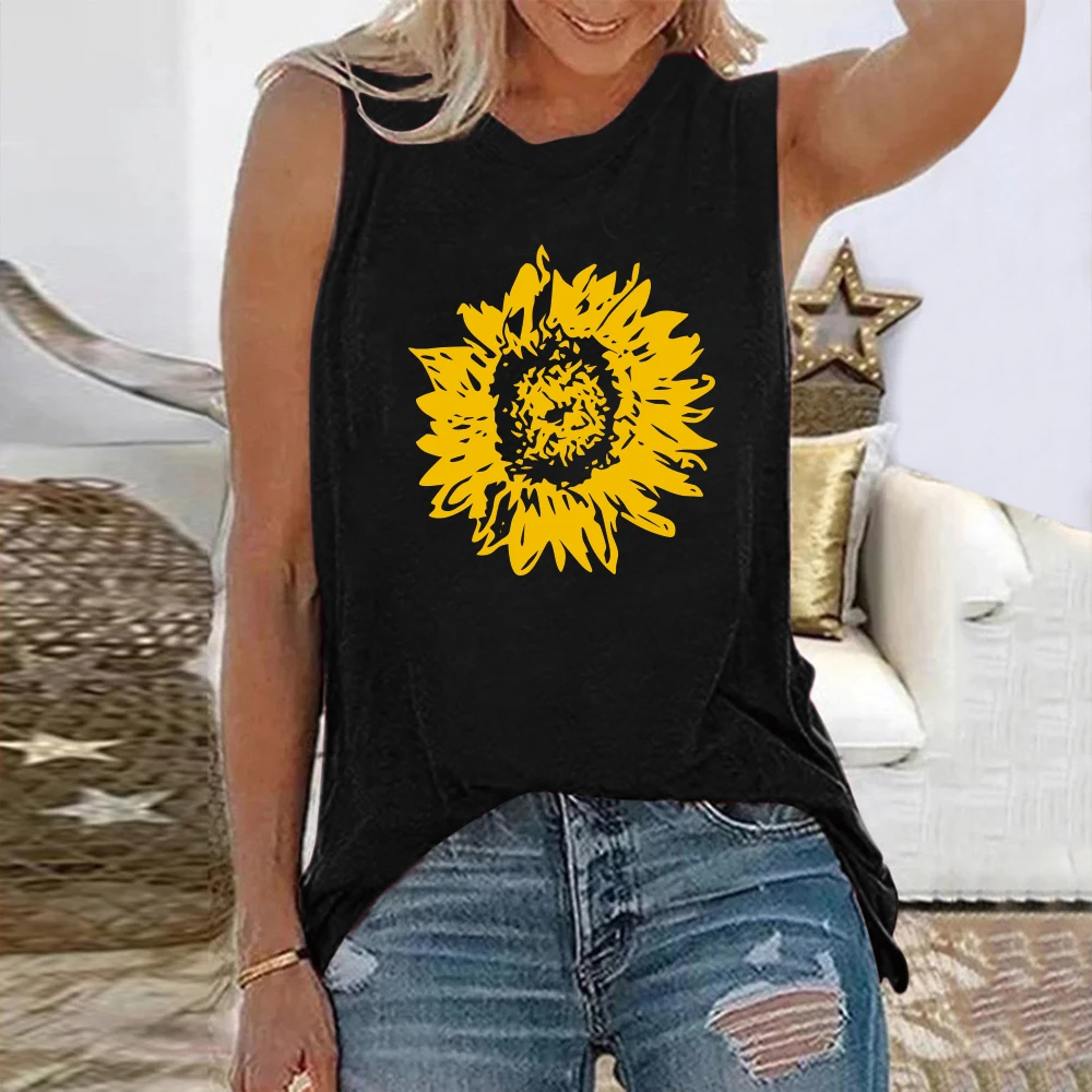 Seeyoushy Harajuku Sleeveless Women T-shirt Sunflower Print Summer Tee Shirt Femme Aesthetic  Streetwear Round Neck Tops