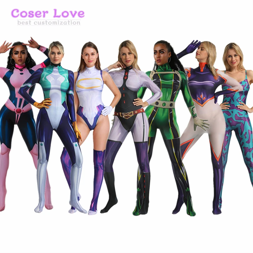 Academia Miruko Uraraka Ochako Asui Tsuyu Nejire Hado Ashido Cosplay Costume Halloween Spandex Zentai Bodysuit Jumpsuit