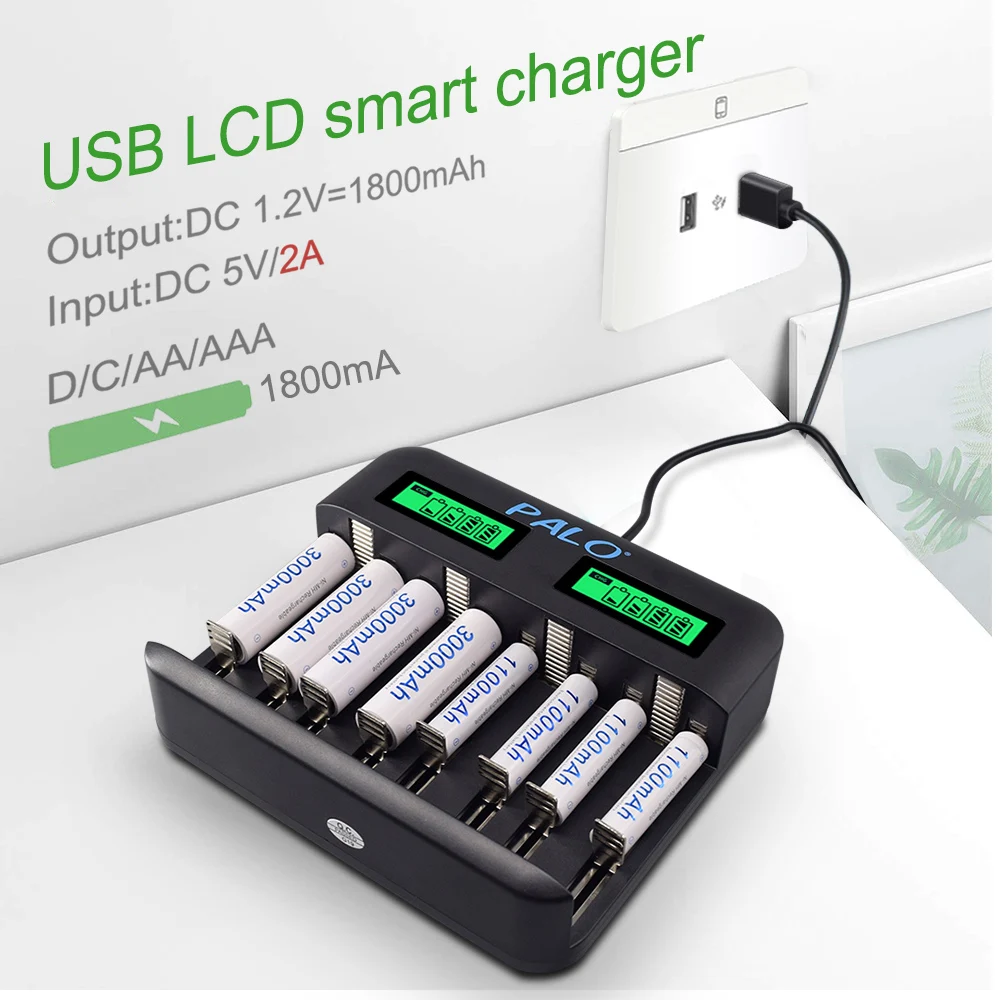 PALO-cargador de batería inteligente USB, 8 ranuras, pantalla LCD, AA, AAA, SC, C, D, tamaño de batería recargable, 1,2 V, Ni-MH, ni-cd