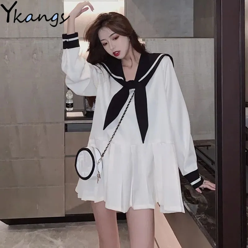 

Sailor Collar High Street Bow Dress Female Loose Sleeve Kawaii Sweet Y2k Loose Pleated Dress Fashion JK Baggy V-neck Dress Women