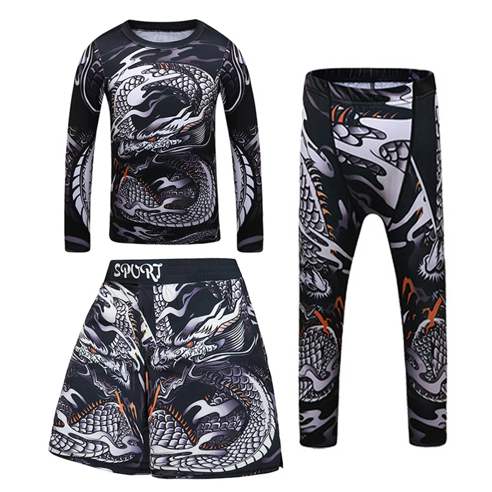 Kids Bjj Rashguard jiu jitsu MMA T-shirt+Pant KickBoxing Sets Boy Gym Children Muay Thai Shorts MMA Clothing Compression Tights