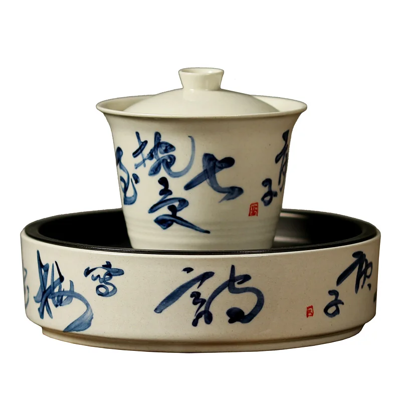 MuYan handwritten poem tea tureen jingdezhen porcelain hand-painted archaize mud main bubble kung fu cover cup bowl