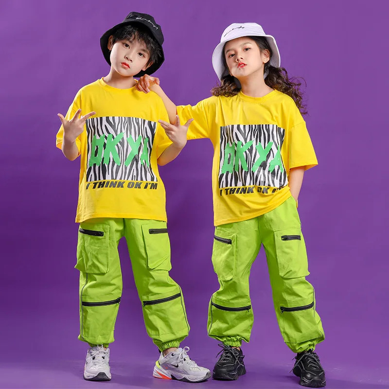 

Children Hip Hop T Shirt Overall Pants Girls Boys Kids Dance Costumes Jazz Ballroom Competition Concert Stage Outfit Streetwear