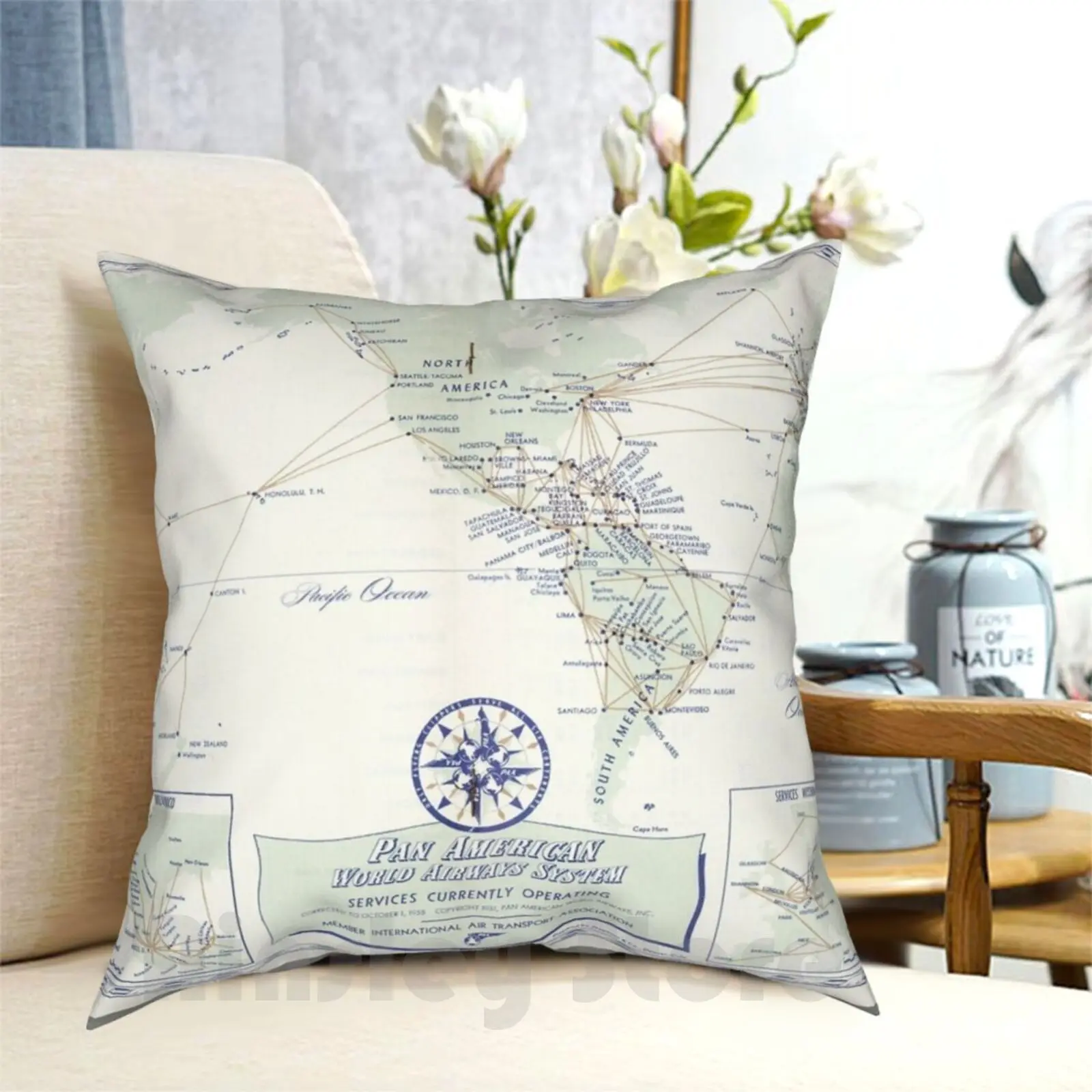 Pan Am ( Pan American ) World Route Map Circa 1955 Pillow Case Printed Home Soft Throw Pillow Pan Am Pan American World