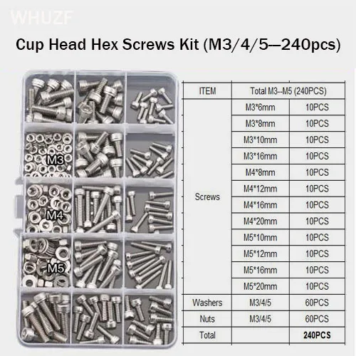 

WHUZF 304 Stainless Steel 240pcs M3 M4 M5 Stainless Steel Cup Head Hex Socket Washer Bolts Machine Screw and Nut Kit with High