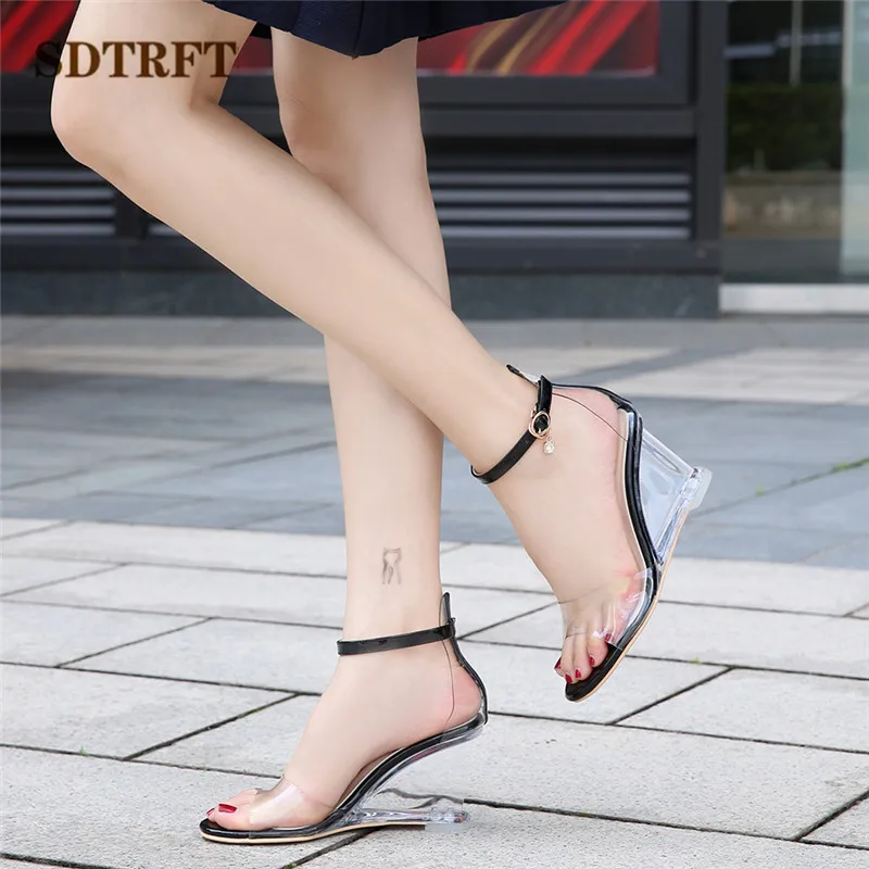 SDTFET Buckle wedding shoes moman Sandals zapatos mujer crystal wedges 8cm High-Heeled Pole Dance party Pumps sandalias mujer