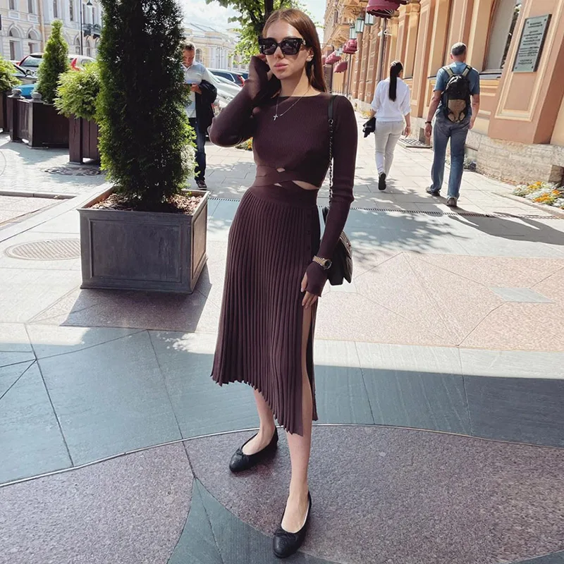 GACVGA 2024 Autumn Winter Long Sleeve Outfits Bandage Top and Pleated Skirts Two Piece Dress Sets Women Knitted Matching Sets